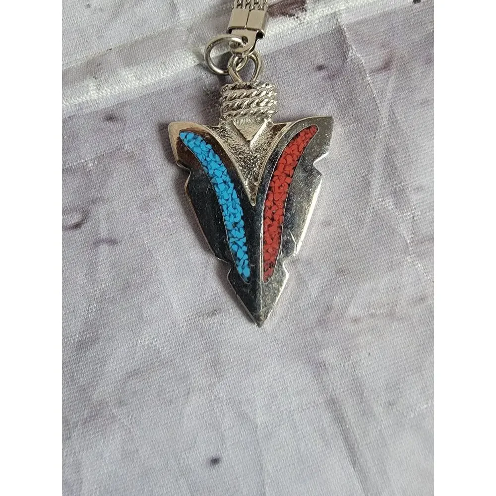 Turquoise and Coral Gemstone Inlay Southwestern Style Silver Tone Keychain